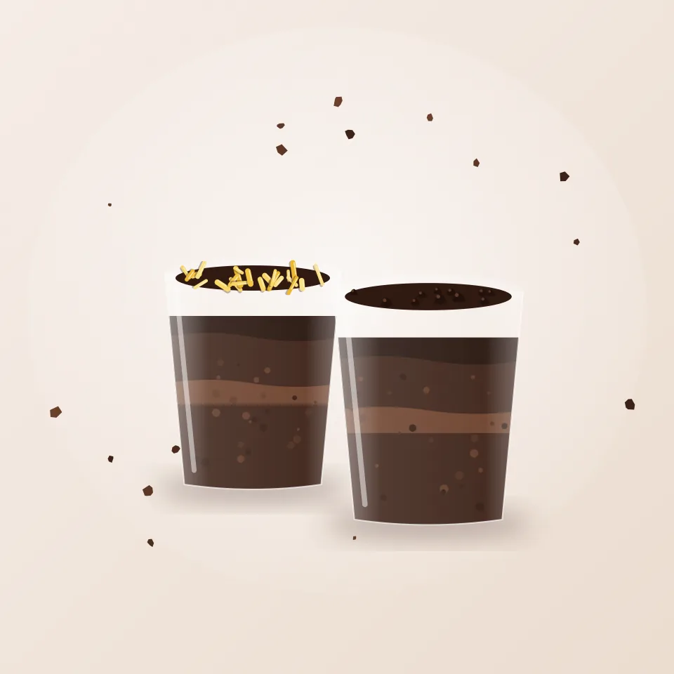 Ilustrasi dua brownies cup berlapis dengan topping keju dan choco chip