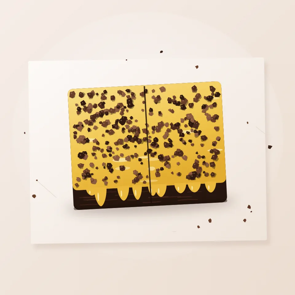 Ilustrasi brownies dengan siraman saus keju dan taburan crunchy