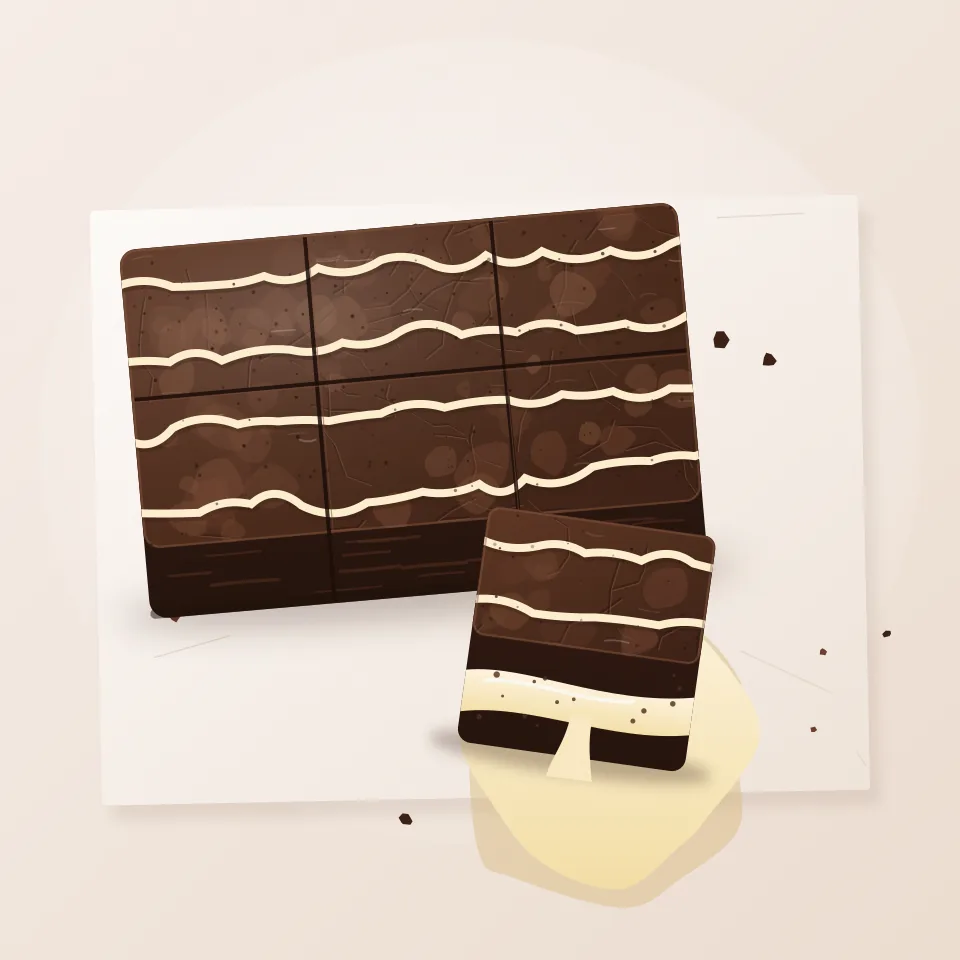 Ilustrasi potongan brownies Cheese Lava dengan cream cheese yang meleleh