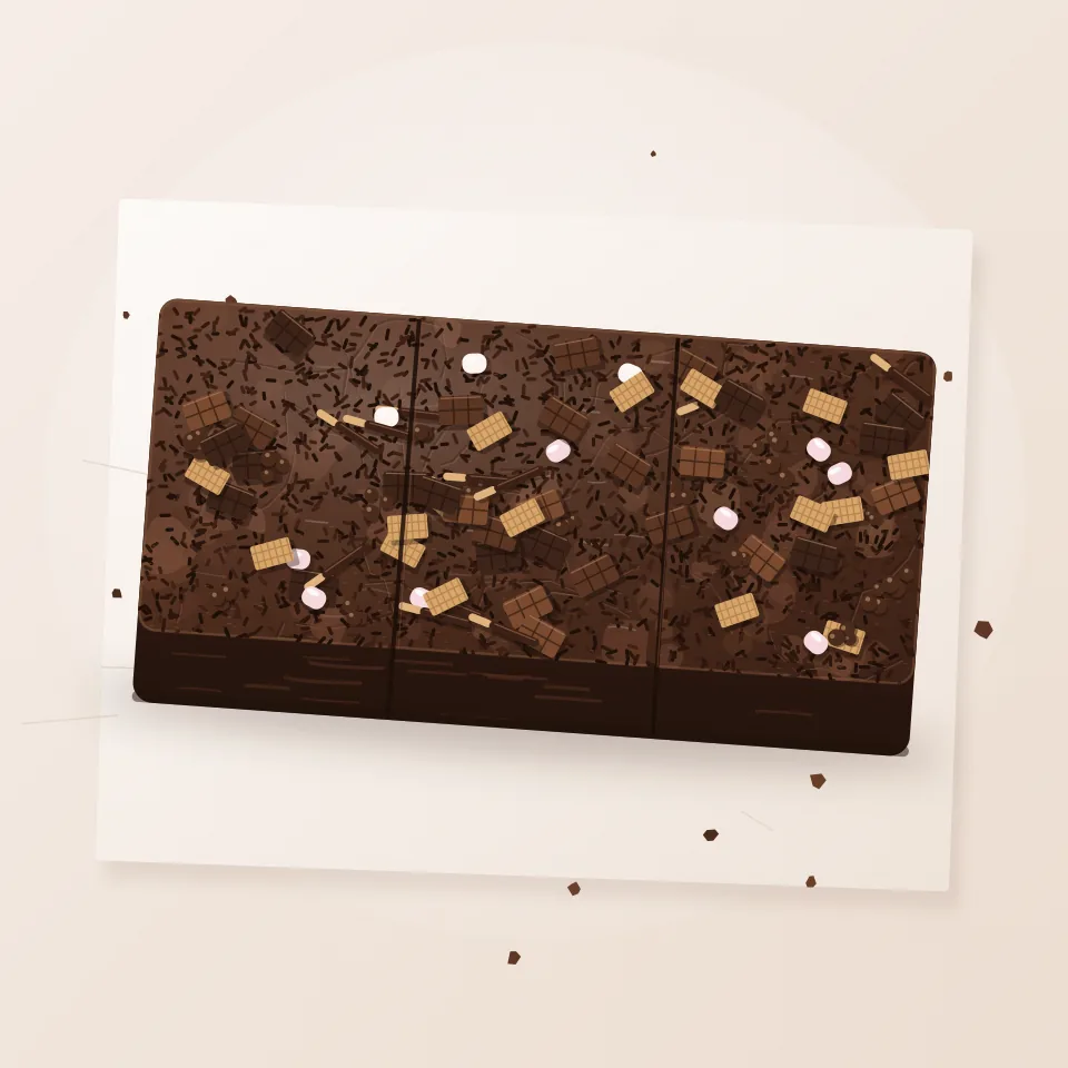Ilustrasi brownies panggang dengan taburan aneka potongan cokelat, wafer, dan marshmallow