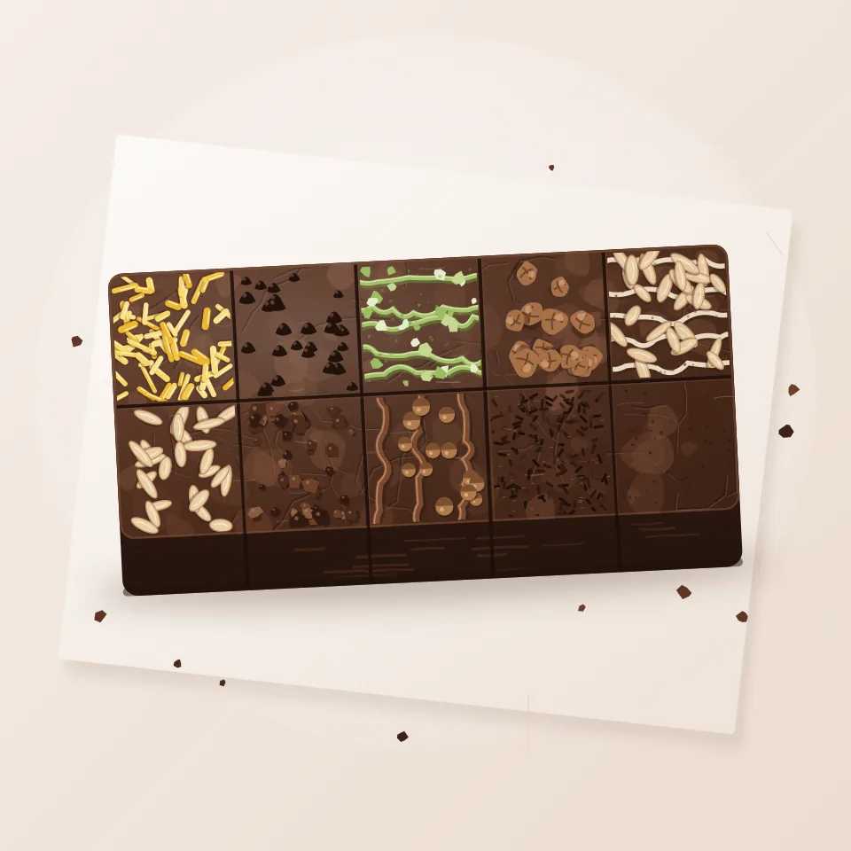 Ilustrasi brownies panggang dengan kombinasi berbagai topping per potong